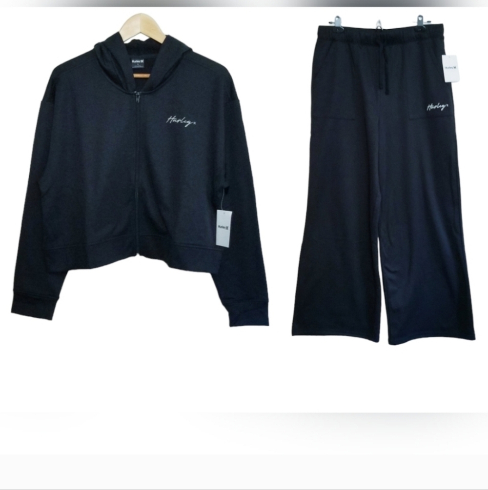 Hurley Black Fleece Crop Full Zip Hoodie and Wide Leg Tech Pants 2-Piece Set NWT